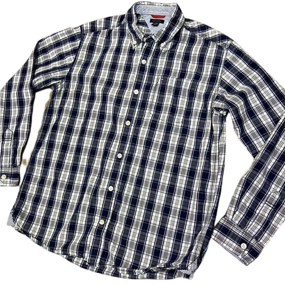Tommy Hilfiger Boys Large 14/16 Blue Grey White Plaid Button Down Shirt - Picture 2 of 12